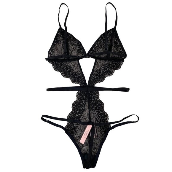 Victoria's Secret Very Sexy Strappy Lace Teddy, Chantilly Black Thong Back Small - Picture 5 of 8